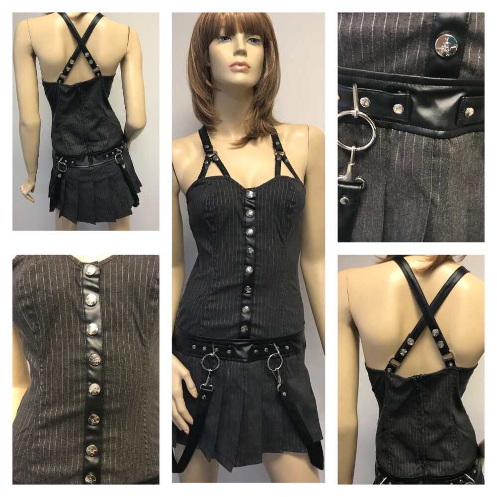 Vintage Lip Service GREY Silver Mini Dress Pinstripes Goth Rock Straps Rock NEW